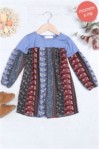 S14-7-3-PPD10678TK-DNM - KIDS LONG SLEEVE FLORAL CREPE CONTRAST TUNIC DRESS- DENIM-DENIM 1-1-1-1-1-1-1-1 (NOW $4.00 ONLY!)