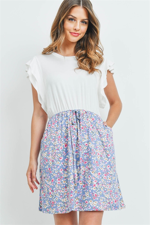 S9-14-3-PPD1068-IVDNM - CAP SLEEVE SOLID TOP FLORAL CONTRAST DRESS- IVORY/DENIM 1-2-2-2