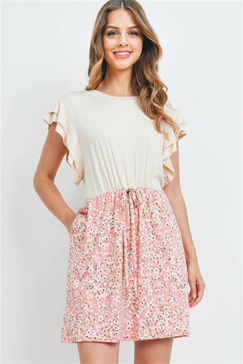 S16-11-5-PPD1068-TPBLS-1 - CAP SLEEVE SOLID TOP FLORAL CONTRAST DRESS- TAUPE/BLUSH 0-2-2-2