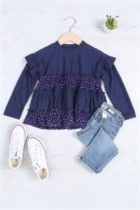 S10-6-3-PPD10685TK-NVNV-1 - KIDS SWISS DOT RUFFLE DETAIL FLORAL CONTRAST TOP- NAVY-NAVY 0-1-1-1-1-1-1-1