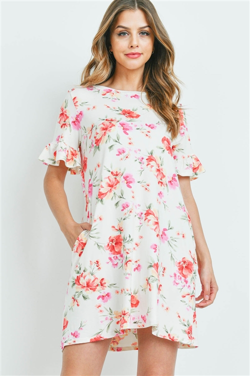 S16-8-2-PPD1069-IV-1 - FLORAL RUFFLE SLEEVES SWING DRESS- IVORY 0-2-2-2