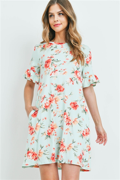 S16-8-2-PPD1069-MNT-1 - FLORAL RUFFLE SLEEVES SWING DRESS- MINT 0-2-2-2