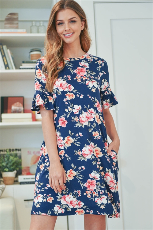 S12-9-4-PPD1069-NV-1 - FLORAL RUFFLE SLEEVES SWING DRESS- NAVY 0-0-2-2