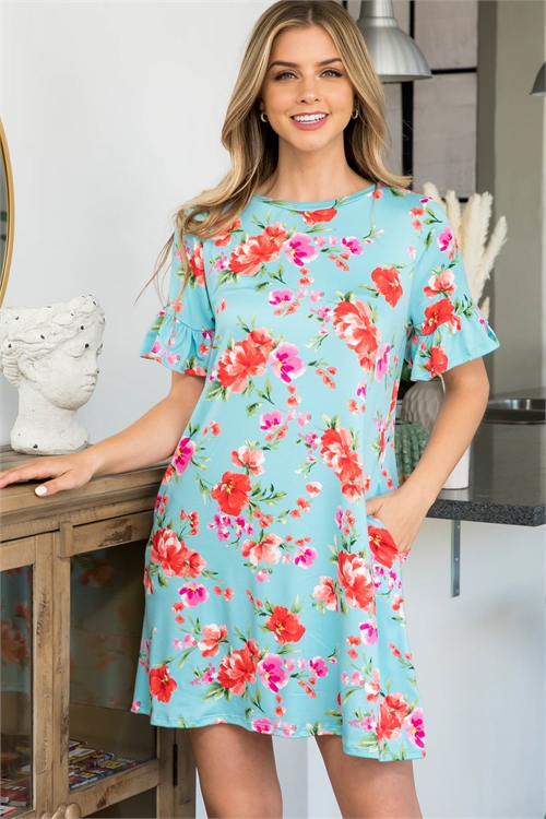 SA4-6-1-PPD1069-TL - FLORAL RUFFLE SLEEVES SWING DRESS- TEAL 1-2-2-2