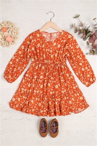 S10-18-1-PPD10690TK-RU - KIDS FLORAL LONG SLEEVE ELASTIC WAIST TIERED DRESS- RUST 1-1-1-1-1-1-1-1