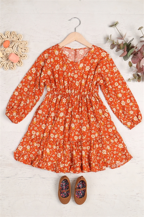 S10-9-4-PPD10690TK-RU - KIDS FLORAL LONG SLEEVE ELASTIC WAIST TIERED DRESS- RUST 1-1-1-1-1-1-1-1
