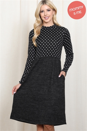 SA3-0-3-PPD10694-BKWT - POLKA DOT LONG SLEEVE HACCI BRUSHED CONTRAST DRESS- BLACK/WHITE-CHARCOAL 2TONE 1-1-1-1 (NOW $8.75 ONLY!)