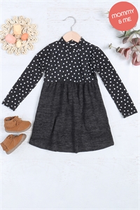 S11-13-3-PPD10694TK-BKWT - KIDS POLKA DOT LONG SLEEVE HACCI BRUSHED CONTRAST DRESS- BLACK/WHITE-CHARCOAL 2TONE 1-1-1-1-1-1-1-1 (NOW $7.75 ONLY!)