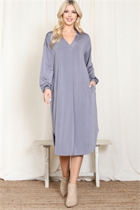 S9-20-1-PPD10714-GY - V-NECK BAND LONG PUFF SLEEVE VENEZIA DRESS- GREY 1-2-2-1