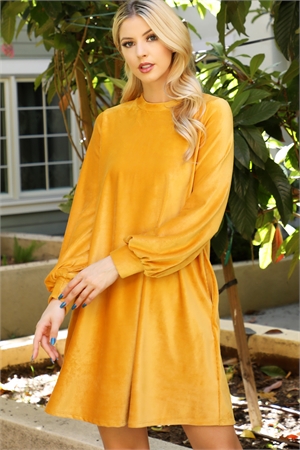 S8-12-1-PPD10718-MU - PUFF LONG SLEEVE VELVET CORDUROY DRESS- MUSTARD 1-2-2-1 (NOW $6.75 ONLY!)