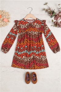 S10-8-3-PPD10724TK-BWNPK - KIDS SHIRRING RUFFLE DETAIL LONG SLEEVE ANIMAL PRINTED DRESS- BROWN PINK 1-1-1-1-1-1-1-1