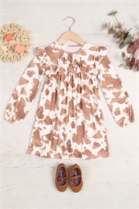 S10-12-4-PPD10725TK-IVBWN-1 - KIDS SHIRRING RUFFLE DETAIL LONG SLEEVE ANIMAL PRINTED DRESS- IVORY/BROWN 1-1-1-1-1-1-0-1