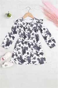 S12-9-2-PPD10725TK-IVCHL - KIDS SHIRRING RUFFLE DETAIL LONG SLEEVE ANIMAL PRINTED DRESS- IVORY/CHARCOAL 1-1-1-1-1-1-1-1