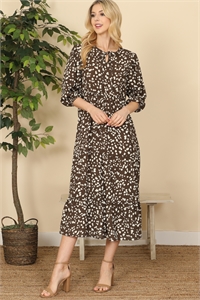 S11-17-2-PPD10727-BWNIV - 3/4 SLEEVE RIBBON DETAIL TIERED PRINTED MIDI DRESS- BROWN/IVORY 1-2-2-1