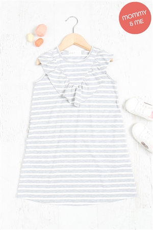 S12-2-4-PPD1072TK-HGOFW - KIDS V-SHAPE RUFFLE DETAIL STRIPES SLEEVELESS DRESS- HEATHER GREY/OFF WHITE 1-1-1-1-1-1-1-1