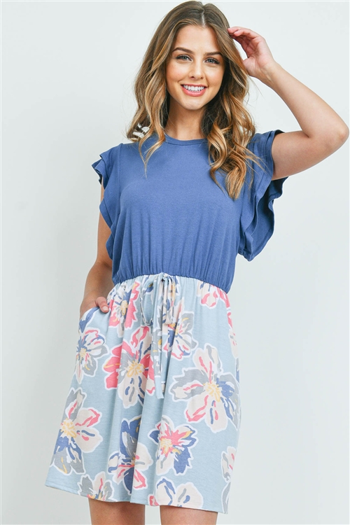 S15-12-2-PPD1074-DKDNMGYBL-1 - RUFFLE CAP SLEVES FLORAL BOTTOM RIBBON DRESS- DARK DENIM-GREY BLUE 0-2-1-0