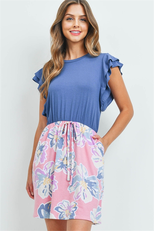 S10-2-3-PPD1074-DKDNMPK - RUFFLE CAP SLEVES FLORAL BOTTOM RIBBON DRESS- DARK DENIM-PINK 1-2-2-2