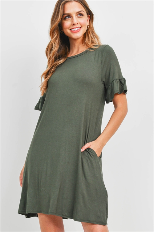 S11-18-2-PPD1075-AG - BELL SLEEVES ON SEAM POCKET SWING DRESS- ARMY GREEN 1-2-2-2