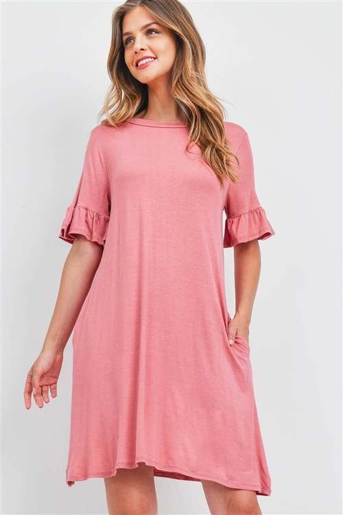 S14-8-3-PPD1075-SLMN-1 - BELL SLEEVES ON SEAM POCKET SWING DRESS- SALMON 0-2-0-3