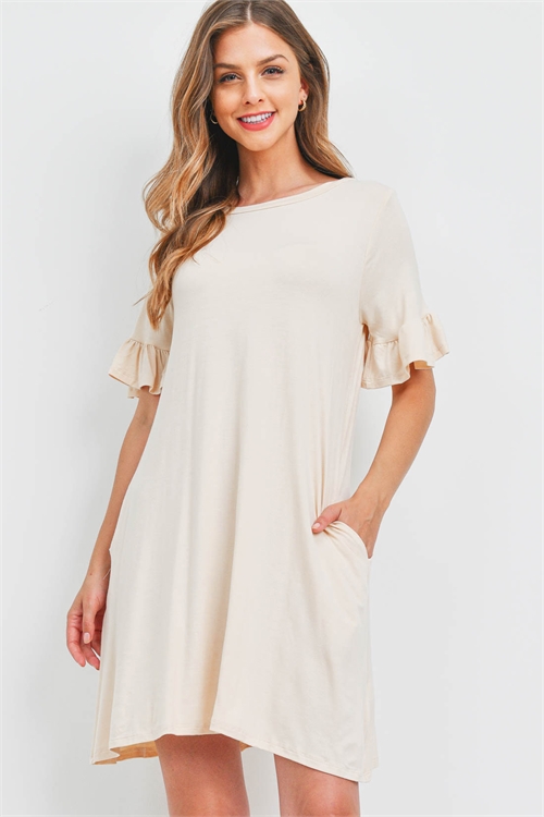 S8-14-2-PPD1075-TP - BELL SLEEVES ON SEAM POCKET SWING DRESS- TAUPE 1-2-2-2