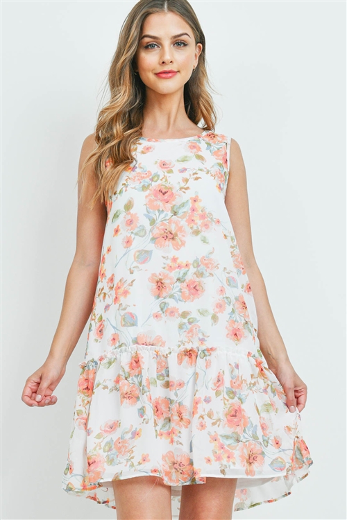 BLK-11-3-PPD1078-OFWPCH-A - FLORAL PRINT SLEEVELESS RUFFLE HEM DRESS WITH INSIDE LINING- OFF-WHITE/PEACH 1-4-3-4