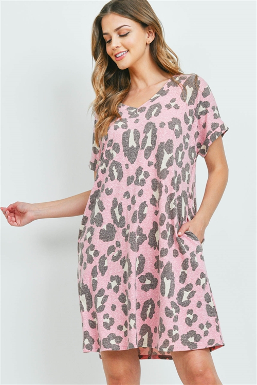 S9-9-2-PPD1083-PKTP-1 - TRI JERSEY V-NECK LEOPARD PRINT DRESS- PINK TAUPE 0-2-2-2