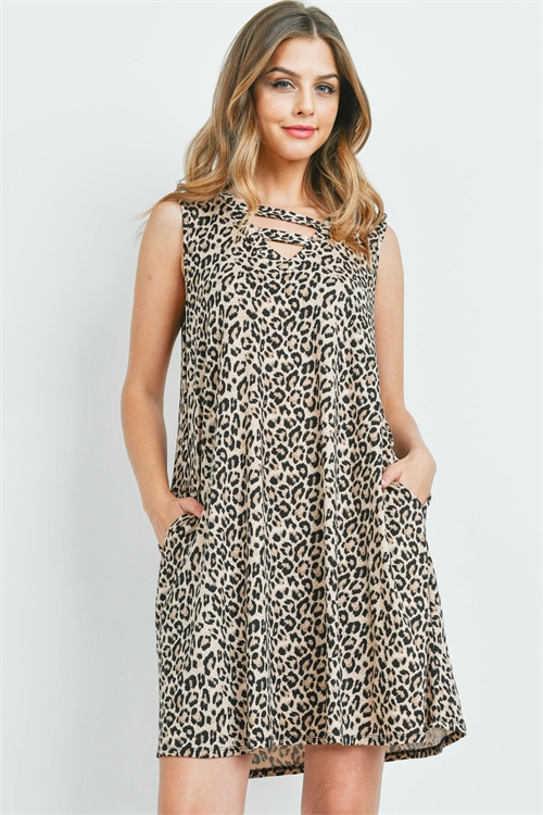 S15-12-2-PPD1085-BWN-1 - DOUBLE STRAP NECK LEOPARD PRINT DRESS WITH SIDE POCKET- BROWN 1-2-1-2