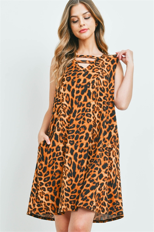 S11-6-4-PPD1086-BKBWN - LEOPARD TRIPLE STRAP NECK MINI DRESS  WITH SIDE POCKET- BLACK/BROWN 1-2-2-2