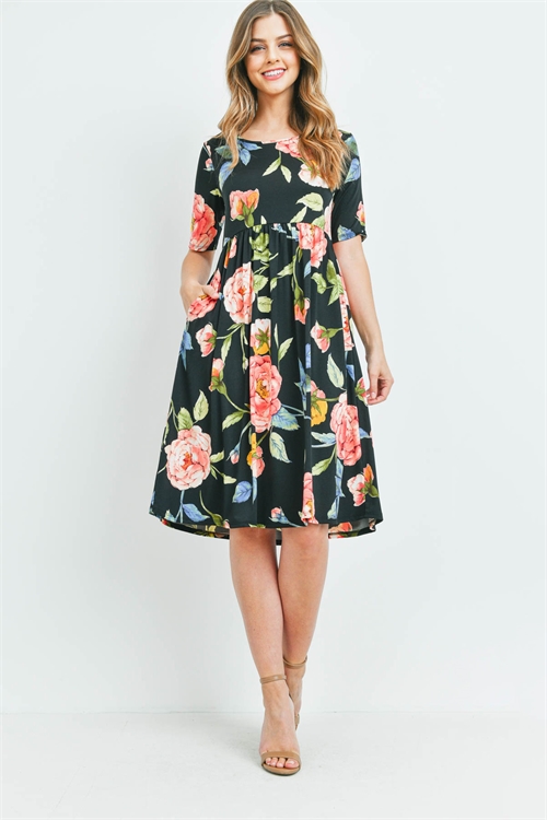 S16-5-1-PPD1091-BKPCH - EMPIRE WAIST FLORAL PRINT SIDE POCKET MIDI DRESS- BLACK/PEACH 1-2-2-2