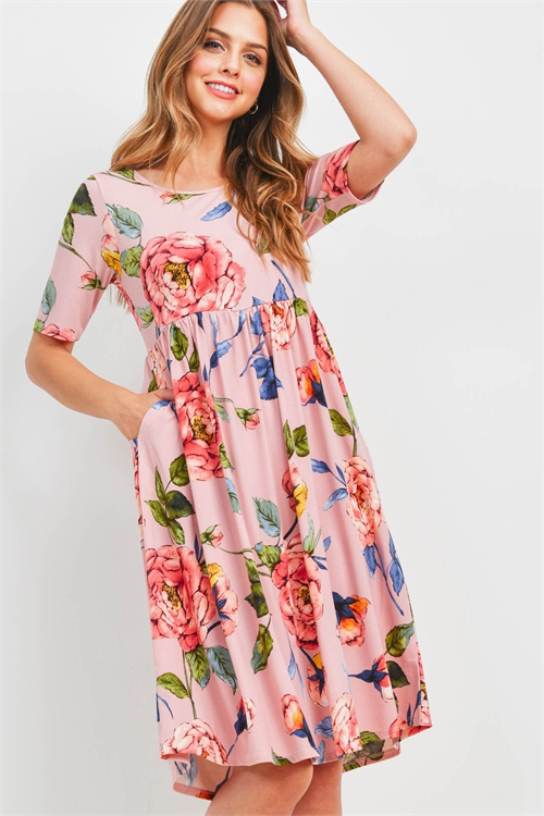 S16-5-1-PPD1091-BLSGV - EMPIRE WAIST FLORAL PRINT SIDE POCKET MIDI DRESS- BLUSH/GUAVA 1-2-2-2