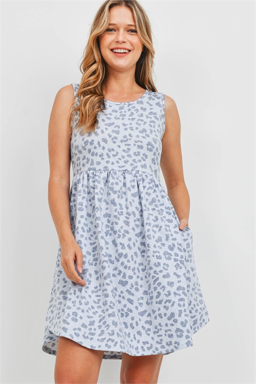 S12-2-2-PPD1094-BLCB - EMPIRE WAIST LEOPARD SIDE POCKET TANK DRESS- BLUE COMBO 1-2-2-2