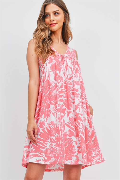 S6-10-1-PPD1099-HTP - V-NECK RUFFLE DETAIL RIB TIE DYE POCKET DRESS- HOT PINK 1-2-2-2