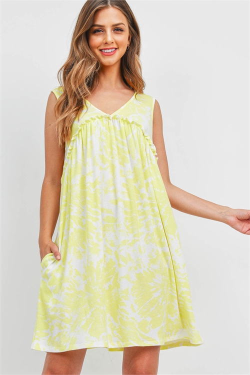 S6-10-2-PPD1099-LMN - V-NECK RUFFLE DETAIL RIB TIE DYE POCKET DRESS- LEMON 1-2-2-2