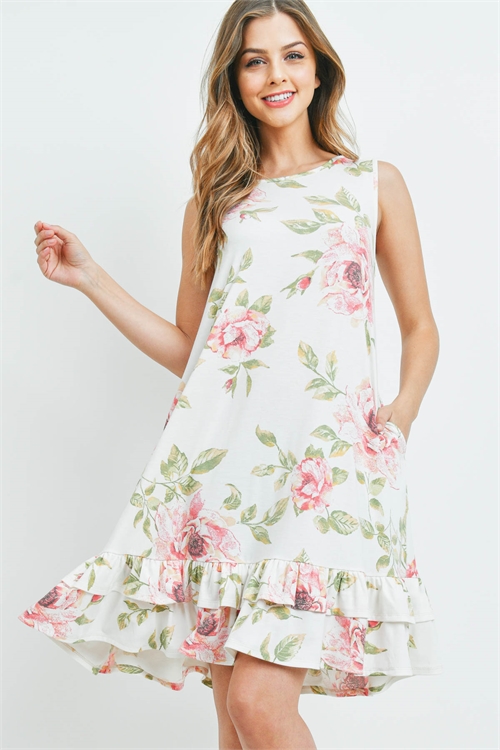 S9-12-2-PPD1101-OFWTCB - FLORAL PRINT SLEEVELESS RUFFLE HEM POCKET DRESS- OFF-WHITE COMBO 1-2-2-2