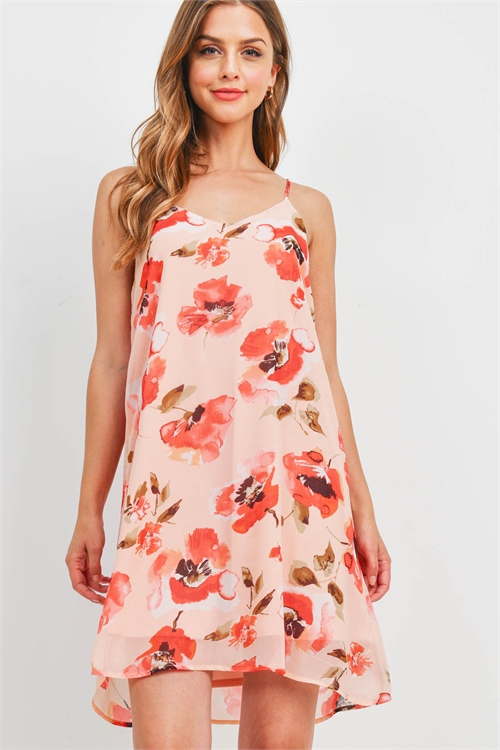 S15-5-1-PPD1104-PCHHTCRL - SPAGHETTI STRAPS FLORAL PRINT DRESS WITH INSIDE LINING- PEACH/HOT CORAL 1-2-2-2