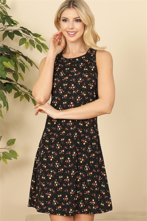 S10-7-2-PPD1105-BKBLS - RACERBACK ROUND NECK FLORAL PRINT MINI DRESS- BLACK/BLUSH 1-2-2-2