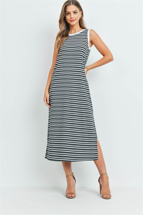 S11-9-2-PPD1106-BKCHLHG - RIB MULTI-COLOR STRIPES MAXI DRESS WITH SIDE SLIT- BLACK/CHARCOAL/HEATHER GREY-IVORY 1-2-2-2