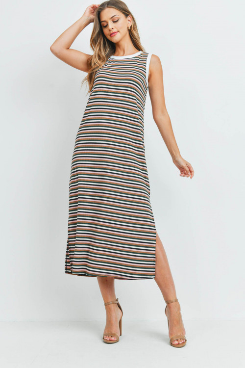 S9-20-2-PPD1106-BKDPKMCOV-1 - RIB MULTI-COLOR STRIPES MAXI DRESS WITH SIDE SLIT- BLACK/DARK PINK/MOCHA/OLIVE-IVORY 0-2-2-2