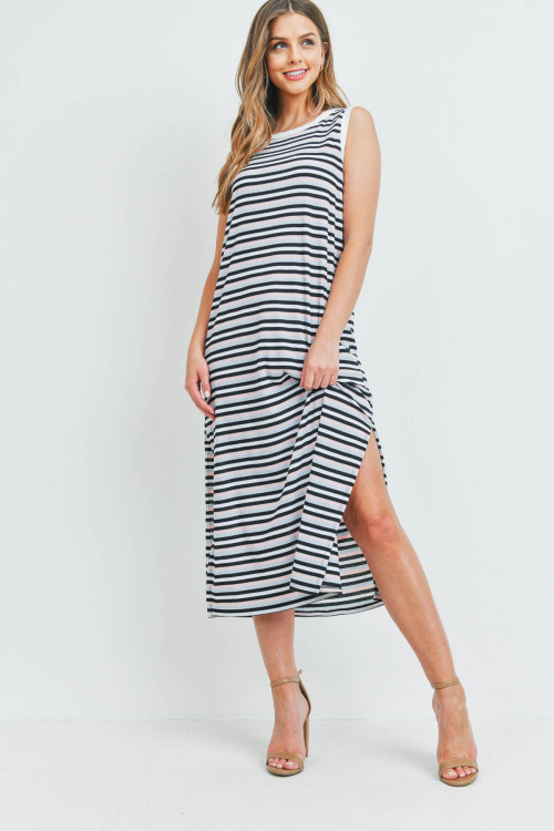 S11-20-1-PPD1106-BLPKBK - RIB MULTI-COLOR STRIPES MAXI DRESS WITH SIDE SLIT- BLUE/PINK/BLACK-IVORY 1-2-2-2