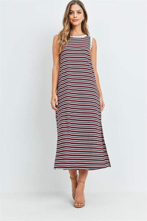 S12-12-1-PPD1106-BLSBUBKIV - RIB MULTI-COLOR STRIPES MAXI DRESS WITH SIDE SLIT- BLUSH/BURGUNDY/BLACK/IVORY-IVORY 1-2-2-2