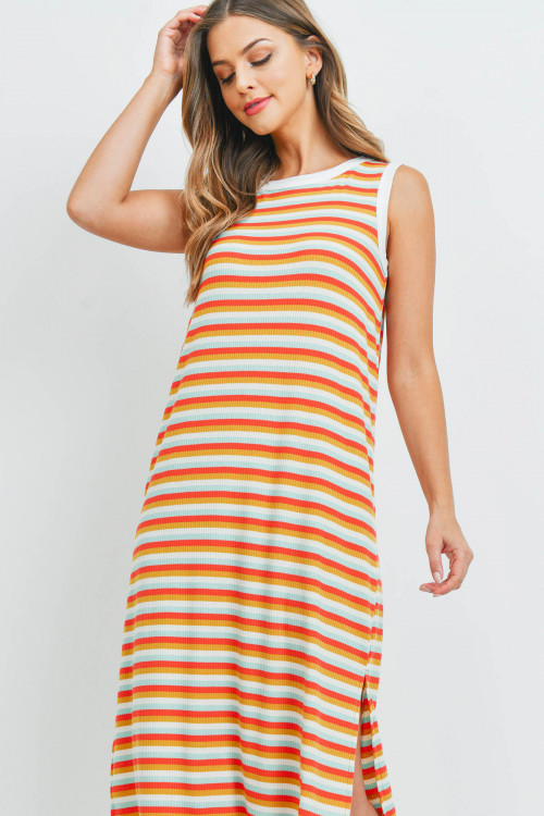 S9-20-5-PPD1106-DKCRLMUMNT-1 - RIB MULTI-COLOR STRIPES MAXI DRESS WITH SIDE SLIT- DARK CORAL/MUSTARD/MINT-IVORY 0-2-2-2