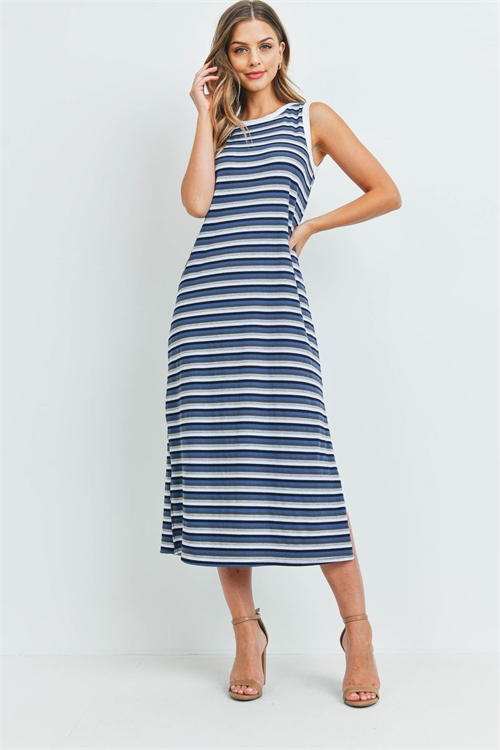 S11-18-1-PPD1106-DNM - RIB MULTI-COLOR STRIPES MAXI DRESS WITH SIDE SLIT- DENIM-IVORY 1-2-2-2