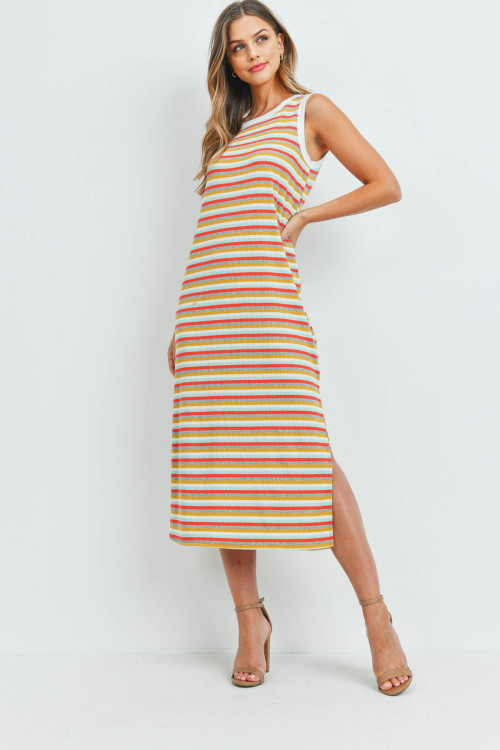 S9-20-5-PPD1106-HGDCRMTMU-1 - RIB MULTI-COLOR STRIPES MAXI DRESS WITH SIDE SLIT- HEATHER GREY/DARK CORAL/MINT/WHITE/MUSTARD-IVORY 0-2-2-2