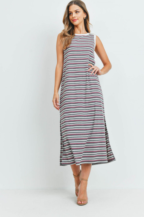 S9-20-2-PPD1106-HGMVCHLIV-1 - RIB MULTI-COLOR STRIPES MAXI DRESS WITH SIDE SLIT- HEATHER GREY/MAUVE/CHARCOAL/IVORY-IVORY 0-2-2-2