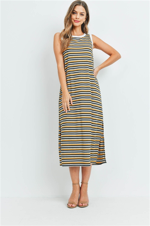 S9-20-2-PPD1106-MUHGBKIVBK-1 - RIB MULTI-COLOR STRIPES MAXI DRESS WITH SIDE SLIT- MUSTARD/HEATHER GREY/BLACK/IVORY/BLACK-IVORY 0-2-2-2