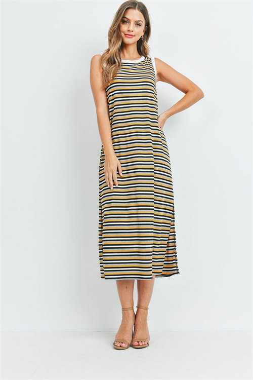 S11-20-1-PPD1106-MUHGBKIVBK - RIB MULTI-COLOR STRIPES MAXI DRESS WITH SIDE SLIT- MUSTARD/HEATHER GREY/BLACK/IVORY/BLACK-IVORY 1-2-2-2