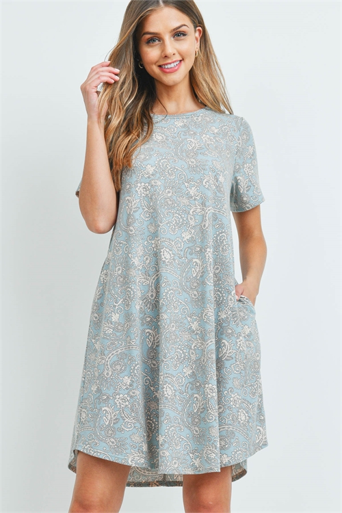 S9-18-3-PPD1108-MNTCRM-1 - SHORT SLEEVES PRINTED ROUND HEM POCKET DRESS- MINT/CREAM 1-1-0-0