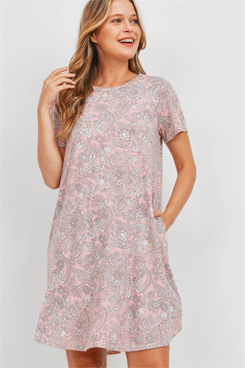 S16-6-3-PPD1108-PCHOFWT - SHORT SLEEVES PRINTED ROUND HEM POCKET DRESS- PEACH/OFF-WHITE 1-2-2-2
