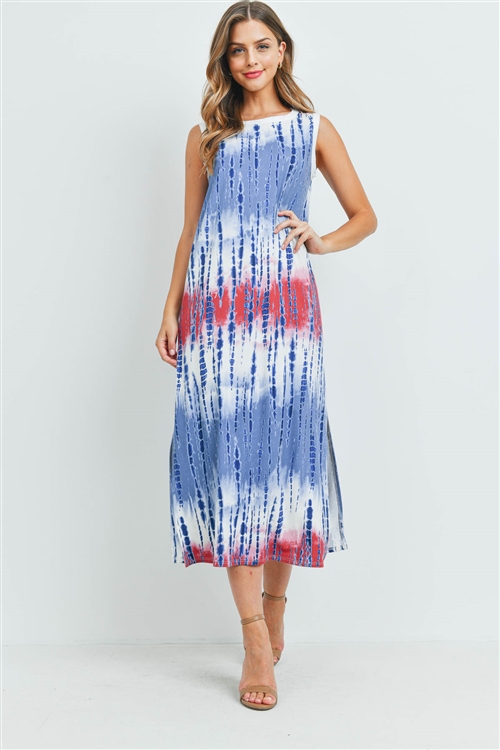 SA3-6-4-PPD1111-NVBU-1 - TIE DYE TANK DRESS WITH SIDE SLIT- NAVY/BURGUNDY 1-2-1-1