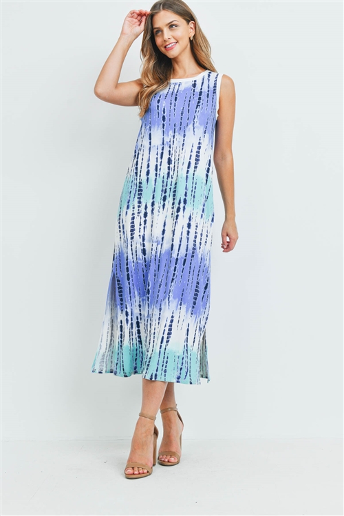 S12-3-5-PPD1111-NVCB-1 - TIE DYE TANK DRESS WITH SIDE SLIT- NAVY COMBO 0-1-3-3